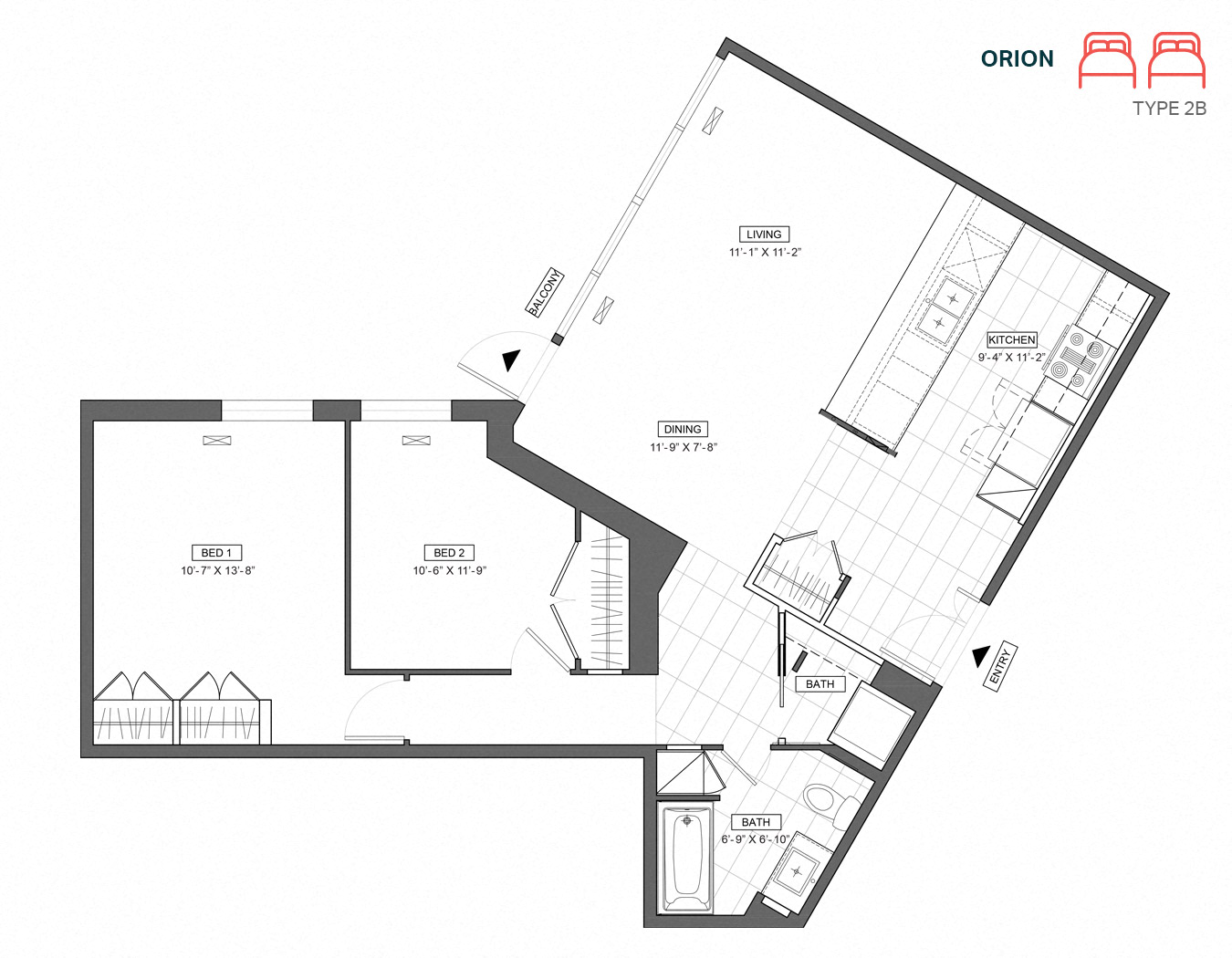 Floor plan for 2 beds, 1 bath, 842 sqft